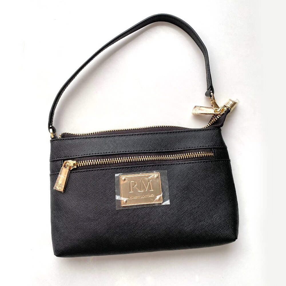 Robert Matthew Sofia 24K Gold Genuine Leather Shoulder Clutch Black NEW